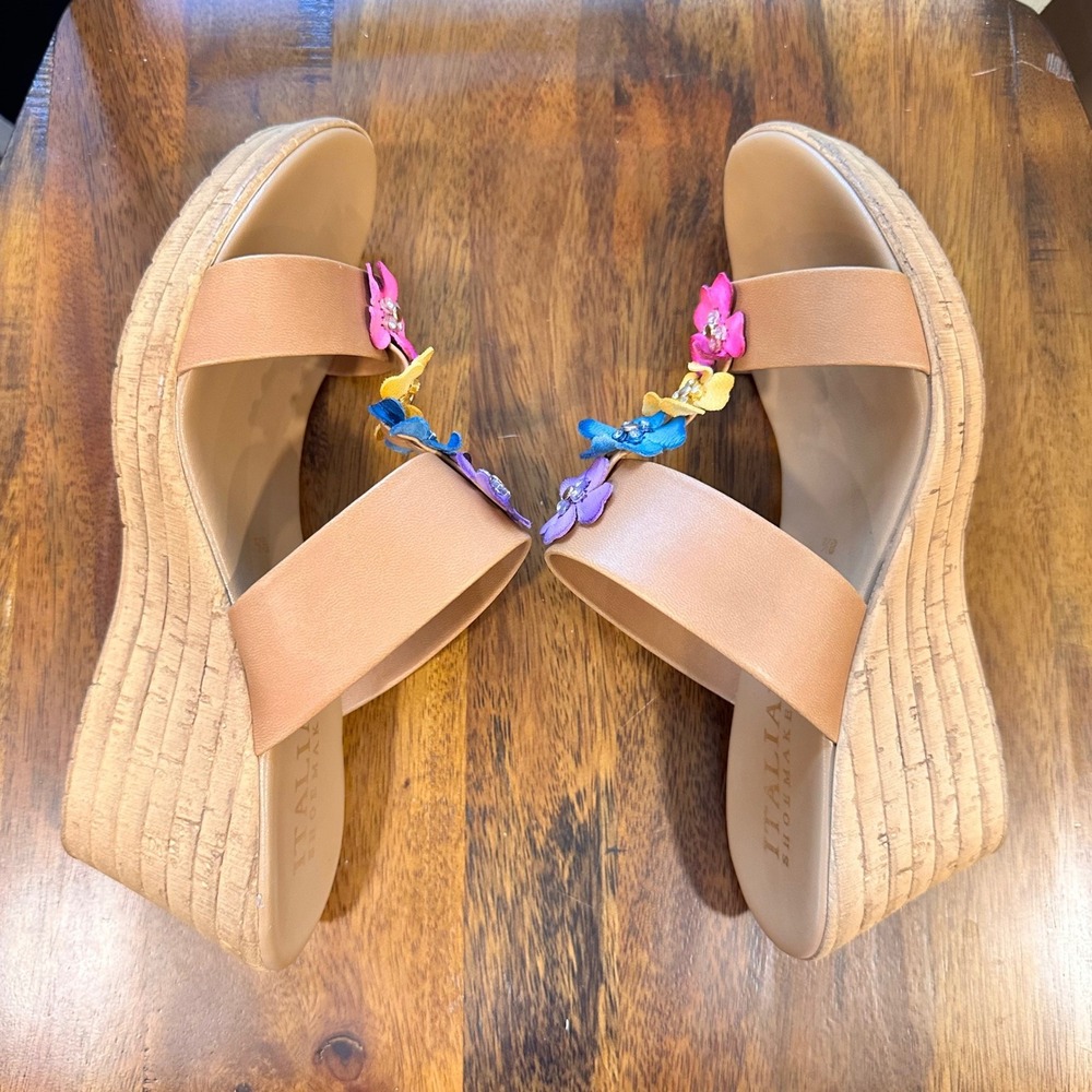 Italian Shoemakers Wedge Sandals Women Tan Floral Rhinestone Cork Slide 8.5 - Picture 7 of 8